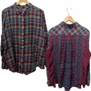 JOHNNY WAS 3J Workshop Plaid Silk Embroidered Back Button Up Shirt Burgundy XL